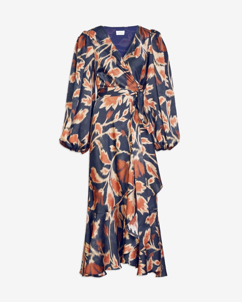 Front of a size 20 Long Sleeve Blaire Dress in Dark Navy Multi by Tanya Taylor. | dia_product_style_image_id:312252